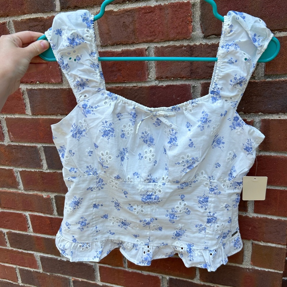 Limited Too Blue and White Ruffled Smocked Tank Top